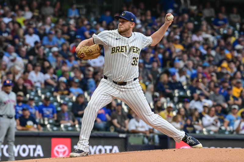 Sep 28, 2024; Milwaukee, Wisconsin, USA; Milwaukee Brewers starting pitcher Jared Koenig (35) pitches in the first inning against the New York Mets at American Family Field. Mandatory Credit: Benny Sieu-Imagn Images