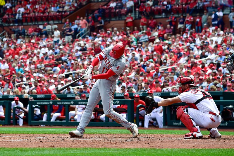 May 4, 2023; St. Louis, Missouri, USA;  Los Angeles Angels designated hitter Shohei Ohtani (17) hits a single against the St. Louis Cardinals during the third inning at Busch Stadium. Mandatory Credit: Jeff Curry-USA TODAY Sports