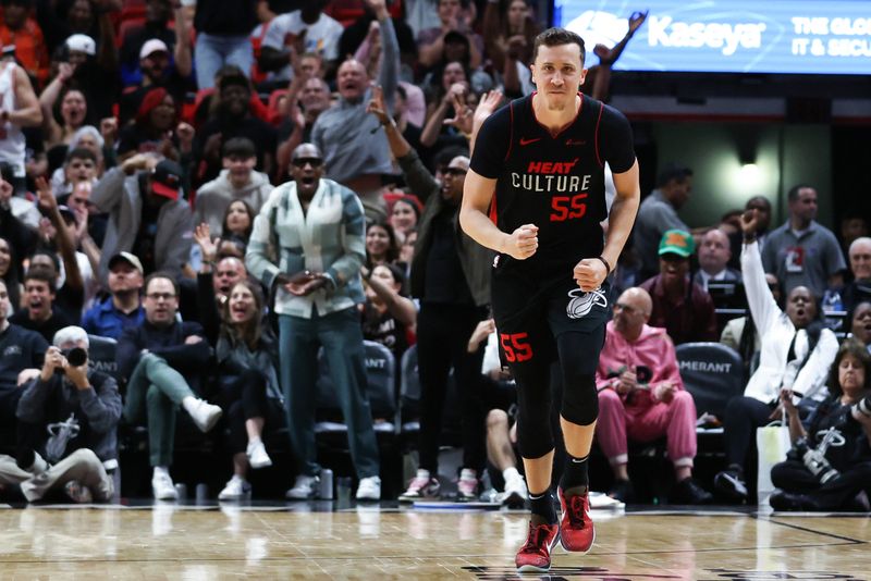 MIAMI, FLORIDA - MARCH 05: Duncan Robinson #55 of the Miami Heat reacts during the fourth quarter of the game against the Detroit Pistons at Kaseya Center on March 05, 2024 in Miami, Florida. NOTE TO USER: User expressly acknowledges and agrees that, by downloading and or using this photograph, User is consenting to the terms and conditions of the Getty Images License Agreement. (Photo by Megan Briggs/Getty Images)