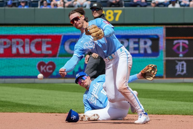 Apr 11, 2024; Kansas City, Missouri, USA; Kansas City Royals shortstop Bobby Witt Jr. (7) throws to first base for the out after second base Nick Loftin (12) dover over him against the Houston Astros in the fourth inning at Kauffman Stadium. Mandatory Credit: Denny Medley-USA TODAY Sports