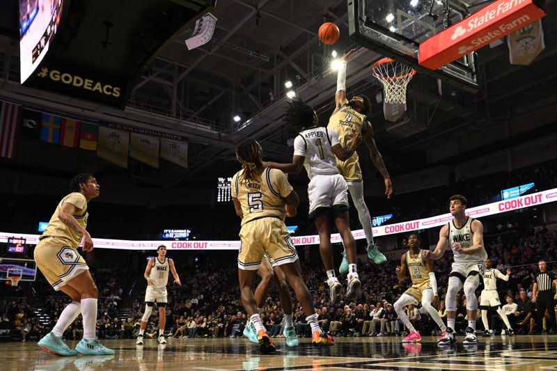 Feb 11, 2023; Winston-Salem, North Carolina, USA; Georgia Tech Yellow Jackets forward Javon Franklin (4) blocks a shot from Wake Forest Demon Deacons guard Tyree Appleby (1) during the first half at Lawrence Joel Veterans Memorial Coliseum. Mandatory Credit: William Howard-USA TODAY Sports