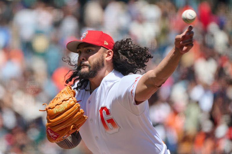 Jul 4, 2023; San Francisco, California, USA; San Francisco Giants pitcher Sean Manaea (52) throws a pitch against the Seattle Mariners during the fourth inning at Oracle Park. Mandatory Credit: Robert Edwards-USA TODAY Sports