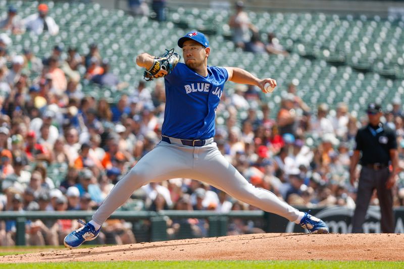 May 26, 2024; Detroit, Michigan, USA; Toronto Blue Jays starting pitcher Yusei Kikuchi (16) pitches during the first inning of the game against the Detroit Tigers at Comerica Park. Mandatory Credit: Brian Bradshaw Sevald-USA TODAY Sports