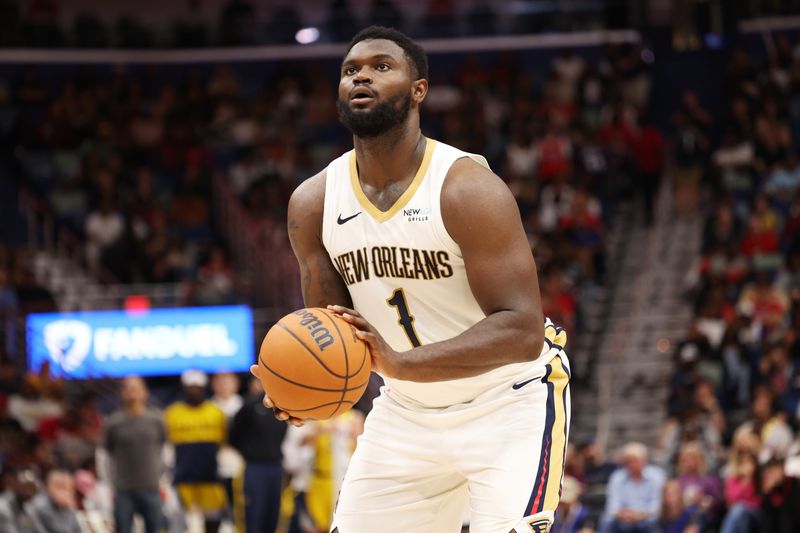 CHICAGO, IL - NOVEMBER 1: Zion Williamson #1 of the New Orleans Pelicans shoots a free throw during the game against the Indiana Pacers on November 1, 2024 at Smoothie King Center in New Orleans, Louisiana. NOTE TO USER: User expressly acknowledges and agrees that, by downloading and or using this photograph, User is consenting to the terms and conditions of the Getty Images License Agreement. Mandatory Copyright Notice: Copyright 2024 NBAE (Photo by Jeff Haynes/NBAE via Getty Images)