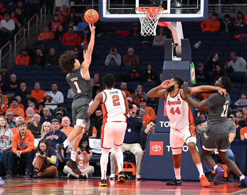 Jan 7, 2025; Syracuse, New York, USA; Georgia Tech Yellow Jackets guard Naithan George (1) shoots the ballas Syracuse Orange guard J.J. Starling (2) and center Eddie Lampkin Jr. (44) defend in the second half at the JMA Wireless Dome. Mandatory Credit: Mark Konezny-Imagn Images