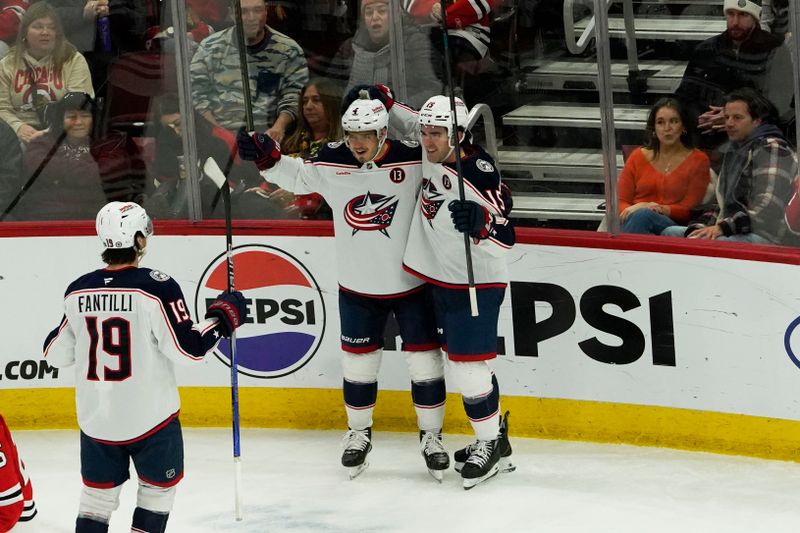 Dec 1, 2024; Chicago, Illinois, USA; Columbus Blue Jackets defenseman Dante Fabbro (15) celebrates his goal against the Chicago Blackhawks during the third period at United Center. Mandatory Credit: David Banks-Imagn Images