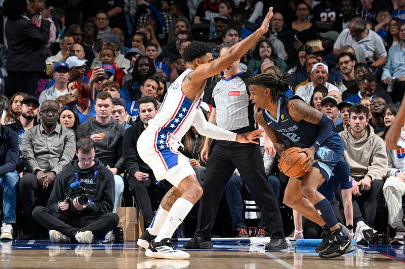 PHILADELPHIA, PA - NOVEMBER 2: Ja Morant #12 of the Memphis Grizzlies handles the ball during the game against the Philadelphia 76ers on November 2, 2024 at the Wells Fargo Center in Philadelphia, Pennsylvania NOTE TO USER: User expressly acknowledges and agrees that, by downloading and/or using this Photograph, user is consenting to the terms and conditions of the Getty Images License Agreement. Mandatory Copyright Notice: Copyright 2024 NBAE (Photo by David Dow/NBAE via Getty Images)