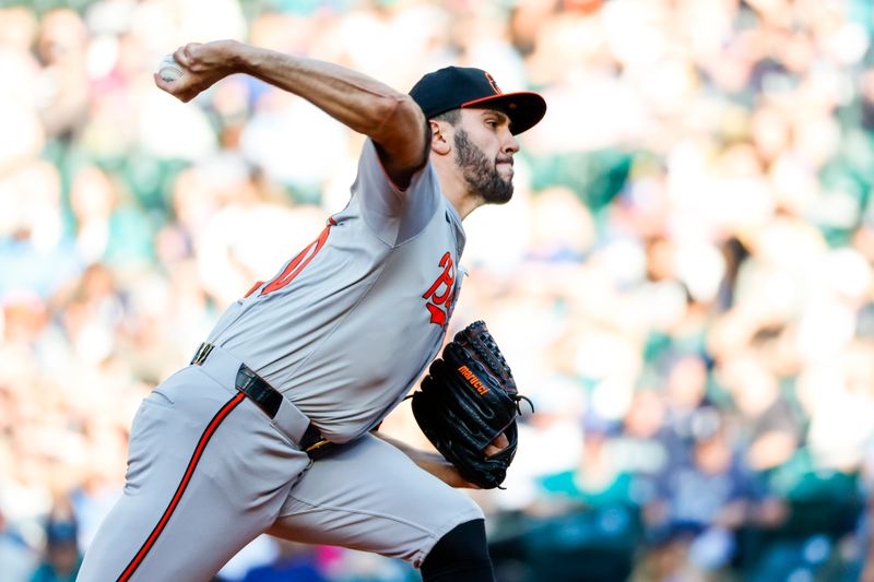 Jul 2, 2024; Seattle, Washington, USA; Baltimore Orioles starting pitcher Grayson Rodriguez (30) throws against the Seattle Mariners during the first inning at T-Mobile Park. Mandatory Credit: Joe Nicholson-USA TODAY Sports