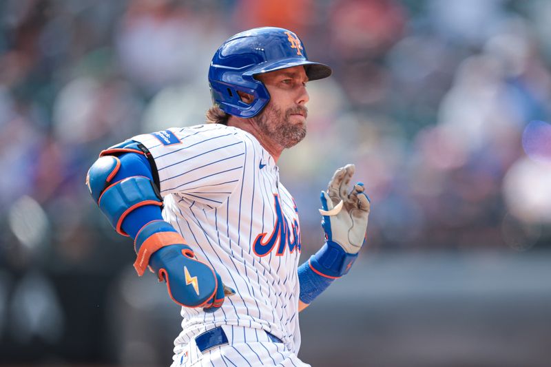 Jul 14, 2024; New York City, New York, USA; New York Mets second baseman Jeff McNeil (1) runs the bases during a RBI double during the eighth inning against the Colorado Rockies at Citi Field. Mandatory Credit: Vincent Carchietta-USA TODAY Sports