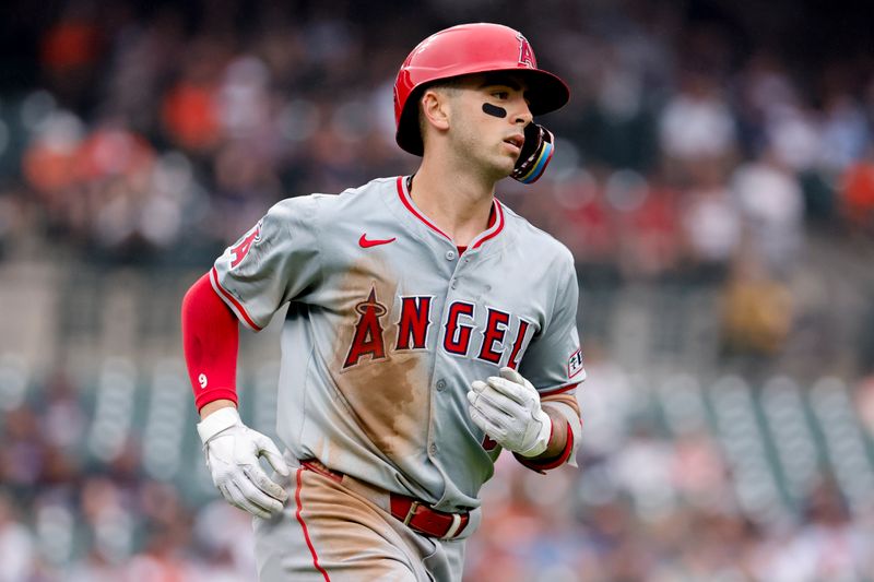 Aug 29, 2024; Detroit, Michigan, USA;  Los Angeles Angels shortstop Zach Neto (9) runs the bases after he hits a two run home run in the fifth inning against the Detroit Tigers at Comerica Park. Mandatory Credit: Rick Osentoski-USA TODAY Sports