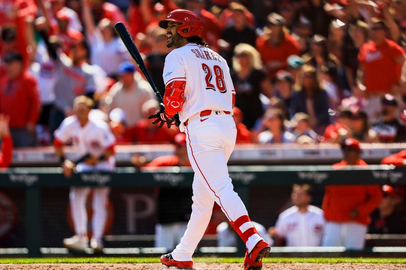 Mar 29, 2026; Cincinnati, Ohio, USA; Cincinnati Reds third baseman Eugenio Suarez (28) reacts after hitting a three-run home run in the sixth inning against the Boston Red Sox at Great American Ball Park. Mandatory Credit: Katie Stratman-Imagn Images