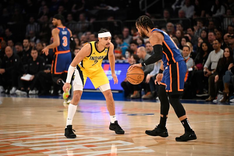 NEW YORK, NY - FEBRUARY 10: Andrew Nembhard #2 of the Indiana Pacers plays defense against Jalen Brunson #11 of the New York Knicks during the game on February 10, 2024 at Madison Square Garden in New York City, New York.  NOTE TO USER: User expressly acknowledges and agrees that, by downloading and or using this photograph, User is consenting to the terms and conditions of the Getty Images License Agreement. Mandatory Copyright Notice: Copyright 2024 NBAE  (Photo by David Dow/NBAE via Getty Images)