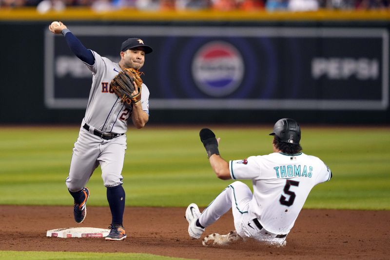 Sep 30, 2023; Phoenix, Arizona, USA; Houston Astros second baseman Jose Altuve (27) throws to first base to complete a double play after forcing out Arizona Diamondbacks center fielder Alek Thomas (5) during the eighth inning at Chase Field. Mandatory Credit: Joe Camporeale-USA TODAY Sports