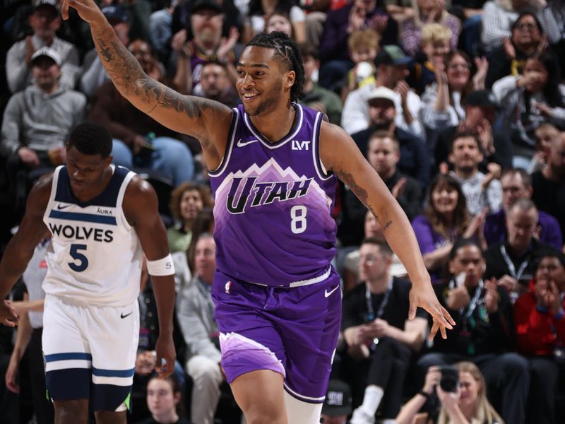 SALT LAKE CITY, UT - MARCH 18: Brice Sensabaugh #8 of the Utah Jazz looks on during the game against the Minnesota Timberwolves on March 18, 2024 at Delta Center in Salt Lake City, Utah. NOTE TO USER: User expressly acknowledges and agrees that, by downloading and or using this Photograph, User is consenting to the terms and conditions of the Getty Images License Agreement. Mandatory Copyright Notice: Copyright 2024 NBAE (Photo by Melissa Majchrzak/NBAE via Getty Images)