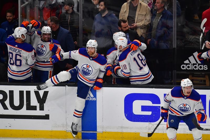 Apr 29, 2023; Los Angeles, California, USA; Edmonton Oilers celebrate the victory against the Los Angeles Kings following game six of the first round of the 2023 Stanley Cup Playoffs at Crypto.com Arena. Mandatory Credit: Gary A. Vasquez-USA TODAY Sports