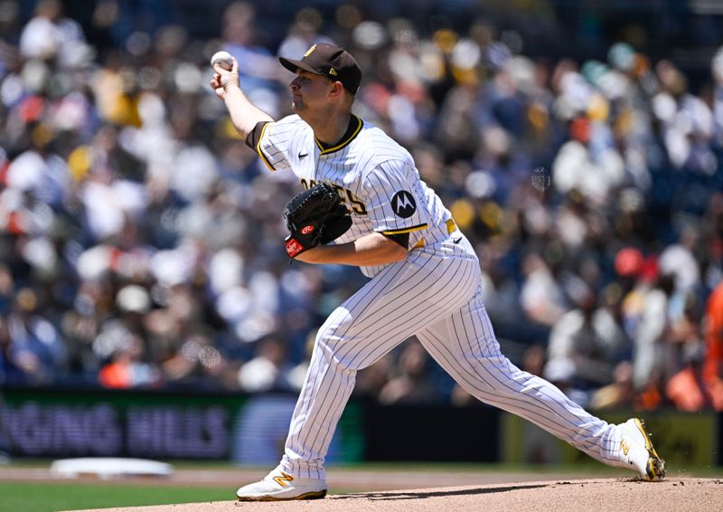 Apr 30, 2025; San Diego, California, USA; San Diego Padres starting pitcher Michael King (34) delivers during the first inning against the San Francisco Giants at Petco Park. Mandatory Credit: Denis Poroy-Imagn Images