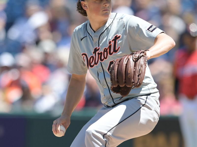 May 8, 2024; Cleveland, Ohio, USA; Detroit Tigers starting pitcher Reese Olson (45) throws a pitch during the first inning against the Cleveland Guardians at Progressive Field. Mandatory Credit: Ken Blaze-USA TODAY Sports