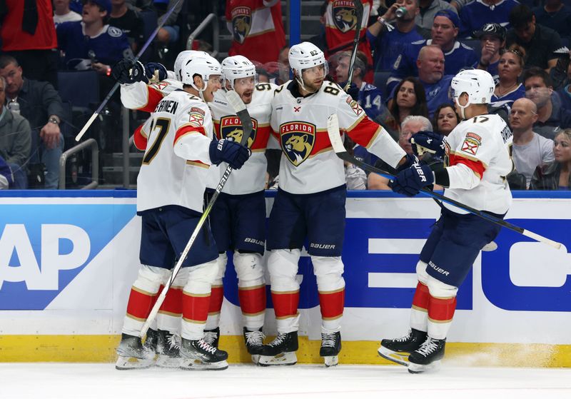 Apr 27, 2024; Tampa, Florida, USA; Florida Panthers defenseman Oliver Ekman-Larsson (91) celebrates with  defenseman Dmitry Kulikov (7) and center Eetu Luostarinen (27) and center Evan Rodrigues (17) and center Kevin Stenlund (82) after he scored a goal against the Tampa Bay Lightning during the second period in game four of the first round of the 2024 Stanley Cup Playoffs at Amalie Arena. Mandatory Credit: Kim Klement Neitzel-USA TODAY Sports