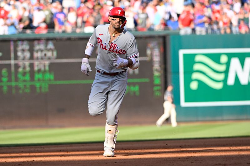 Aug 19, 2023; Washington, District of Columbia, USA; Philadelphia Phillies right fielder Nick Castellanos (8) rounds the bases after hitting a three run home run against the Washington Nationals during the seventh inning at Nationals Park. Mandatory Credit: Brad Mills-USA TODAY Sports