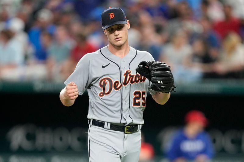 Jun 27, 2023; Arlington, Texas, USA; Detroit Tigers starting pitcher Matt Manning (25) reacts after getting pulled from the game against the Texas Rangers during the sixth inning at Globe Life Field. Mandatory Credit: Jim Cowsert-USA TODAY Sports