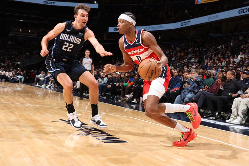 WASHINGTON, DC -? MARCH 6:  Bilal Coulibaly #0 of the Washington Wizards goes to the basket during the game on March 6, 2024 at Capital One Arena in Washington, DC. NOTE TO USER: User expressly acknowledges and agrees that, by downloading and or using this Photograph, user is consenting to the terms and conditions of the Getty Images License Agreement. Mandatory Copyright Notice: Copyright 2024 NBAE (Photo by Stephen Gosling/NBAE via Getty Images)