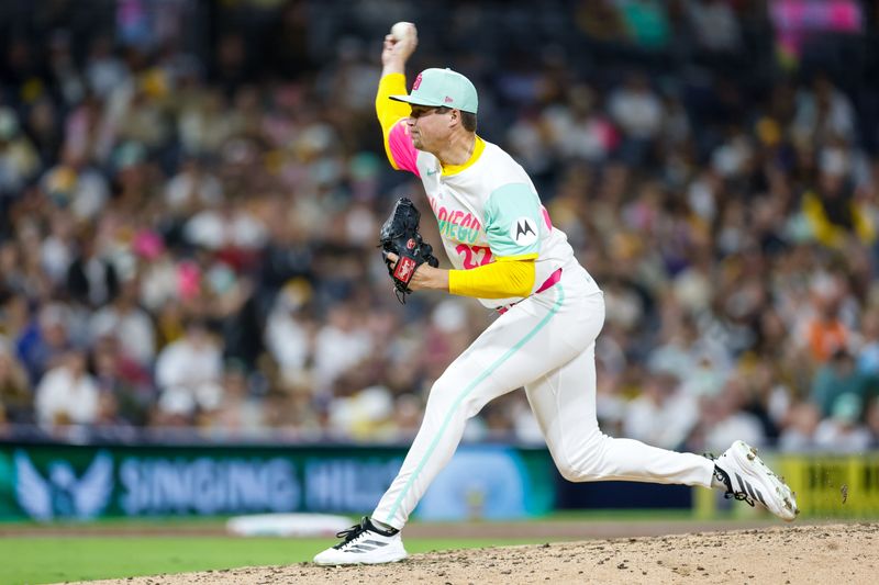 Sep 26, 2025; San Diego, California, USA; San Diego Padres relief pitcher Mason Miller (22) throws a pitch during the eighth inning Arizona Diamondbacks at Petco Park. Mandatory Credit: David Frerker-Imagn Images