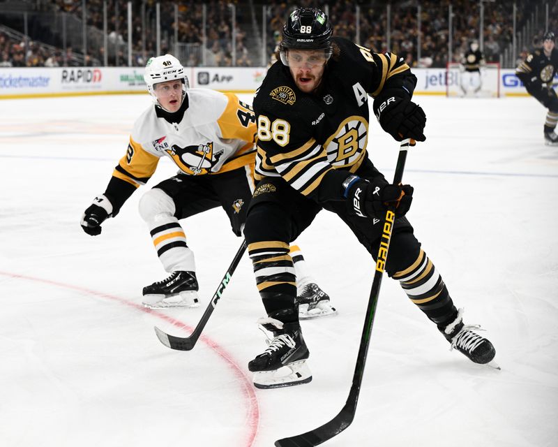 Mar 9, 2024; Boston, Massachusetts, USA; Boston Bruins right wing David Pastrnak (88) skates against Pittsburgh Penguins right wing Valtteri Puustinen (48) during the first period at the TD Garden. Mandatory Credit: Brian Fluharty-USA TODAY Sports