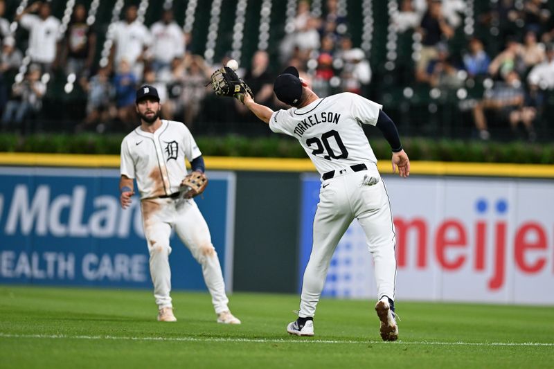 Aug 27, 2024; Detroit, Michigan, USA; Detroit Tigers first baseman Spencer Torkelson (20) drops a pop up in right field against the Los Angeles Angels in the fifth inning at Comerica Park. Mandatory Credit: Lon Horwedel-USA TODAY Sports