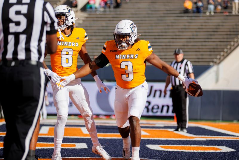 Nov 25, 2023; El Paso, Texas, USA; UTEP Miners running back Deion Hankins (3) celebrates after scoring against No. 22 Liberty Flames during the first half at Sun Bowl Stadium. Mandatory Credit: Ivan Pierre Aguirre-USA TODAY Sports