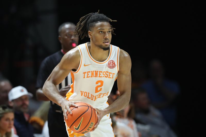 Feb 1, 2025; Knoxville, Tennessee, USA; Tennessee Volunteers guard Chaz Lanier (2) during the second half against the Florida Gators at Thompson-Boling Arena at Food City Center. Mandatory Credit: Randy Sartin-Imagn Images