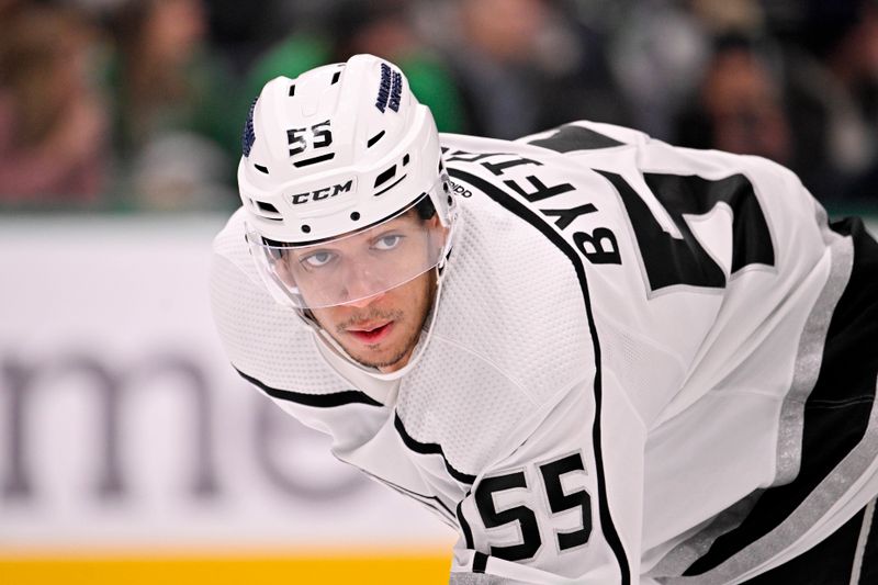 Jan 16, 2024; Dallas, Texas, USA; Los Angeles Kings right wing Quinton Byfield (55) waits for the face-off against the Dallas Stars during the third period at the American Airlines Center. Mandatory Credit: Jerome Miron-USA TODAY Sports