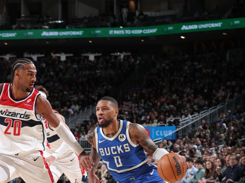 MILWAUKEE, WI - NOVEMBER 30: Damian Lillard #0 of the Milwaukee Bucks drives to the basket during the game against the Washington Wizards on November 30, 2024 at Fiserv Forum Center in Milwaukee, Wisconsin. NOTE TO USER: User expressly acknowledges and agrees that, by downloading and or using this Photograph, user is consenting to the terms and conditions of the Getty Images License Agreement. Mandatory Copyright Notice: Copyright 2024 NBAE (Photo by Gary Dineen/NBAE via Getty Images).