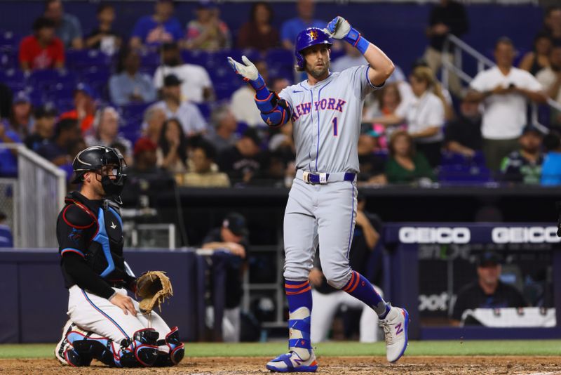 Jul 19, 2024; Miami, Florida, USA; New York Mets right fielder Jeff McNeil (1) celebrates after hitting a solo home run against the Miami Marlins during the fifth inning at loanDepot Park. Mandatory Credit: Sam Navarro-USA TODAY Sports