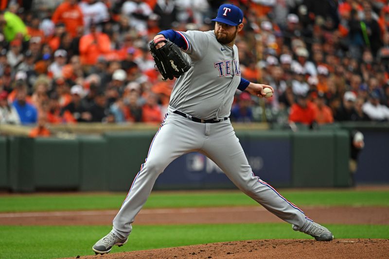 Oct 8, 2023; Baltimore, Maryland, USA; Texas Rangers starting pitcher Jordan Montgomery (52) pitches during the first inning at bat during game two of the ALDS for the 2023 MLB playoffs at Oriole Park at Camden Yards. Mandatory Credit: Tommy Gilligan-USA TODAY Sports