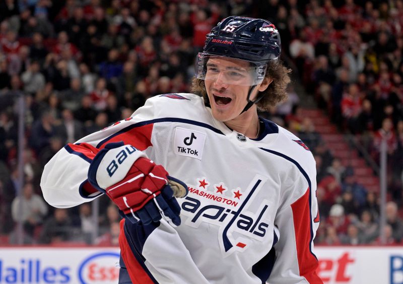 Nov 20, 2025; Montreal, Quebec, CAN; Washington Capitals forward Sonny Milano (15) celebrates after scoring a goal against the Montreal Canadiens during the second period at the Bell Centre. Mandatory Credit: Eric Bolte-Imagn Images