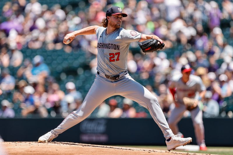 Jun 23, 2024; Denver, Colorado, USA; Washington Nationals starting pitcher Jake Irvin (27) pitches in the first inning against the Colorado Rockies at Coors Field. Mandatory Credit: Isaiah J. Downing-USA TODAY Sports