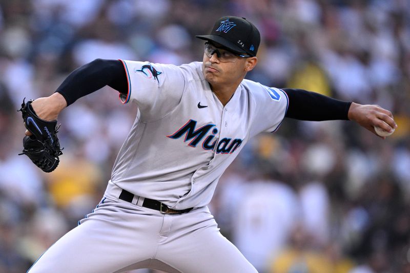 Aug 22, 2023; San Diego, California, USA; Miami Marlins starting pitcher Jesus Luzardo (44) throws a pitch against the San Diego Padres during the first inning at Petco Park. Mandatory Credit: Orlando Ramirez-USA TODAY Sports