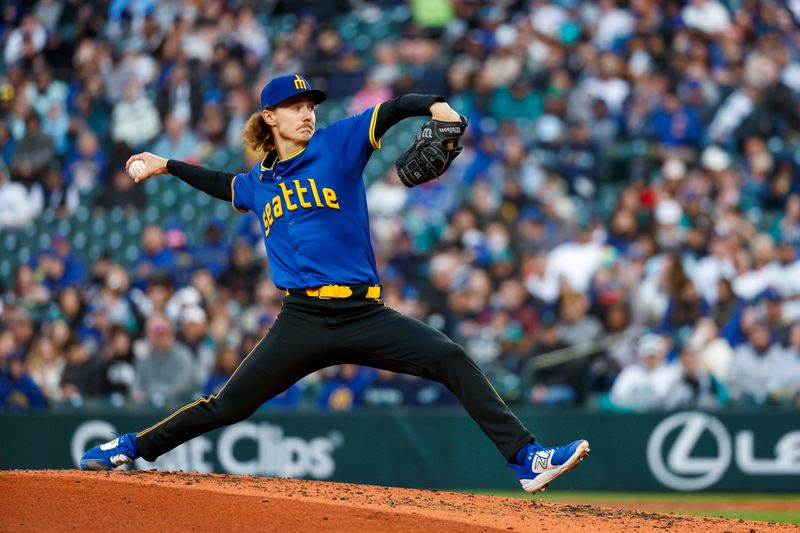 Apr 12, 2024; Seattle, Washington, USA; Seattle Mariners starting pitcher Bryce Miller (50) throws against the Chicago Cubs during the third inning at T-Mobile Park. Mandatory Credit: Joe Nicholson-USA TODAY Sports