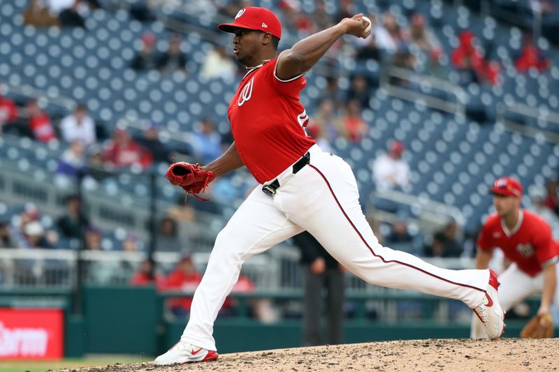 Apr 6, 2025; Washington, District of Columbia, USA; Washington Nationals pitcher Jose A. Ferrer (47) throws the ball during the seventh inning against the Arizona Diamondbacks at Nationals Park. Mandatory Credit: Daniel Kucin Jr.-Imagn Images