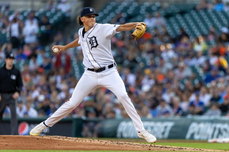 Aug 22, 2023; Detroit, Michigan, USA; Detroit Tigers starting pitcher Reese Olson (45) throws in the second inning against the Chicago Cubs at Comerica Park. Mandatory Credit: David Reginek-USA TODAY Sports