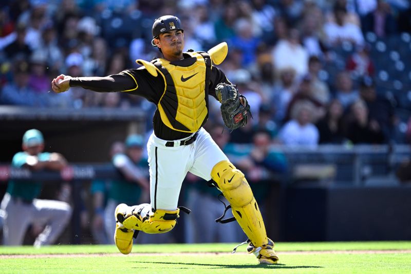 Mar 26, 2024; San Diego, California, USA; San Diego Padres catcher Ethan Salas (88) throws to first base during the ninth inning against the Seattle Mariners at Petco Park. Mandatory Credit: Orlando Ramirez-USA TODAY Sports