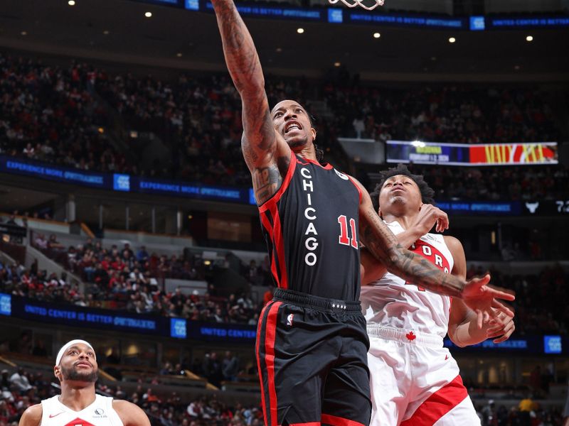 CHICAGO, IL - JANUARY 30: DeMar DeRozan #11 of the Chicago Bulls shoots the ball during the game against the Toronto Raptors on January 30, 2024 at United Center in Chicago, Illinois. NOTE TO USER: User expressly acknowledges and agrees that, by downloading and or using this photograph, User is consenting to the terms and conditions of the Getty Images License Agreement. Mandatory Copyright Notice: Copyright 2024 NBAE (Photo by Jeff Haynes/NBAE via Getty Images)