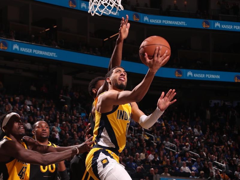 SAN FRANCISCO, CA - MARCH 22: Tyrese Haliburton #0 of the Indiana Pacers shoots the ball during the game against the Golden State Warriors on March 22, 2024 at Chase Center in San Francisco, California. NOTE TO USER: User expressly acknowledges and agrees that, by downloading and or using this photograph, user is consenting to the terms and conditions of Getty Images License Agreement. Mandatory Copyright Notice: Copyright 2024 NBAE (Photo by Jed Jacobsohn/NBAE via Getty Images)