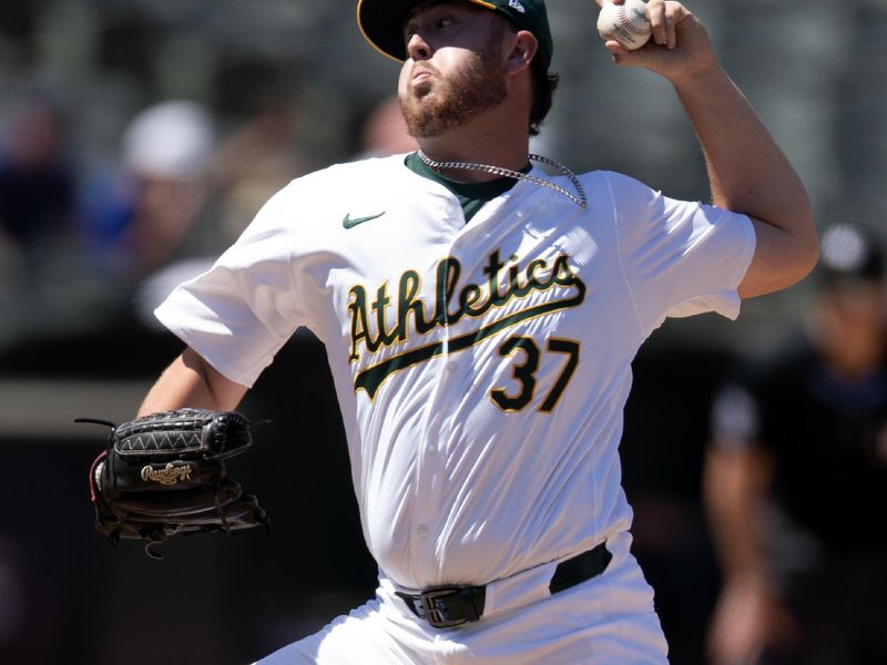 Jul 6, 2024; Oakland, California, USA; Oakland Athletics pitcher Jack O'Laughlin (37) delivers a pitch against the Baltimore Orioles during the seventh inning at Oakland-Alameda County Coliseum. Mandatory Credit: D. Ross Cameron-USA TODAY Sports
