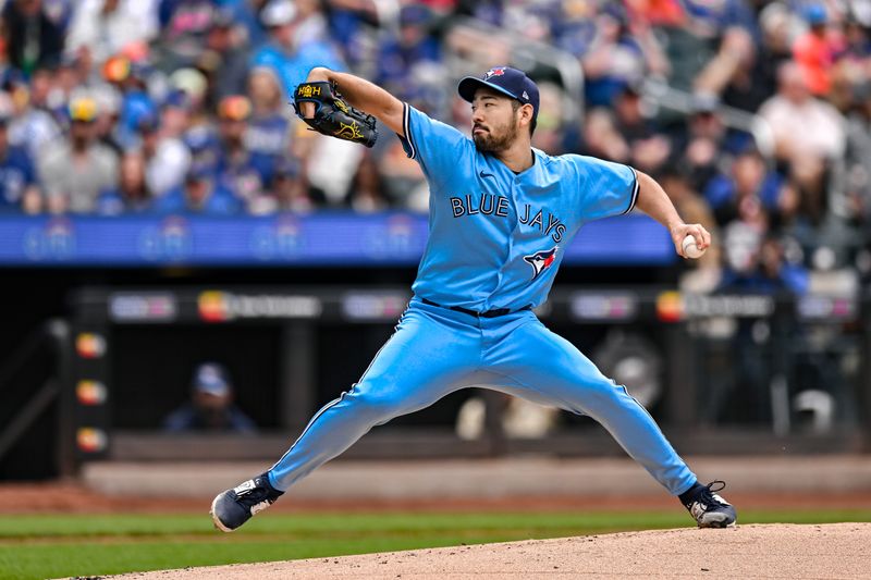 Jun 4, 2023; New York City, New York, USA; Toronto Blue Jays starting pitcher Yusei Kikuchi (16) pitches against the New York Mets during the first inning at Citi Field. Mandatory Credit: John Jones-USA TODAY Sports