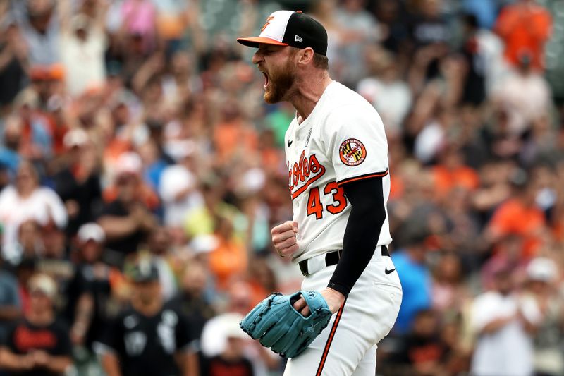 Jun 1, 2025; Baltimore, Maryland, USA; Baltimore Orioles pitcher Bryan Baker (43) celebrates during the ninth inning against the Chicago White Sox at Oriole Park at Camden Yards. Mandatory Credit: Daniel Kucin Jr.-Imagn Images
