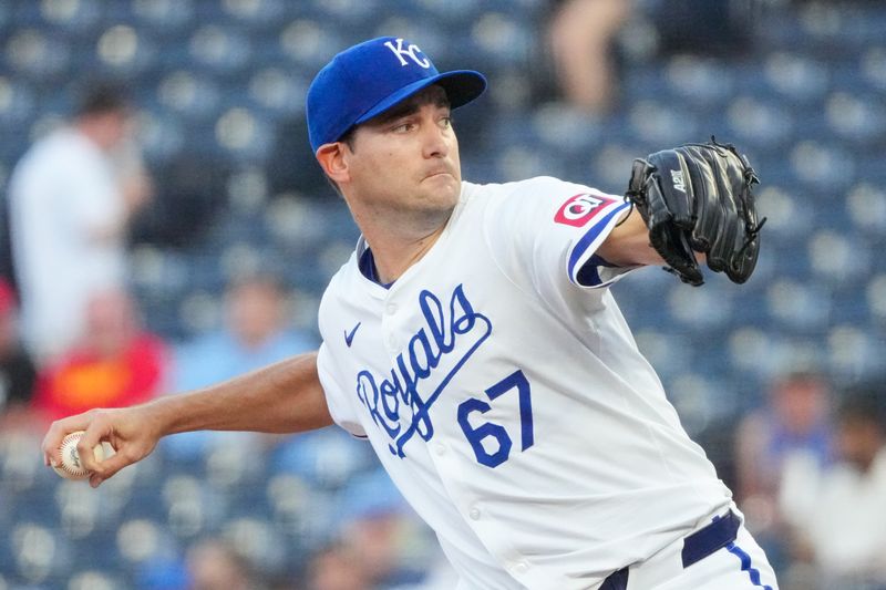 Sep 4, 2024; Kansas City, Missouri, USA; Kansas City Royals starting pitcher Seth Lugo (67) delivers a pitch against the Cleveland Guardians in the first inning at Kauffman Stadium. Mandatory Credit: Denny Medley-Imagn Images