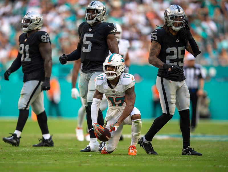 Miami Dolphins wide receiver Jaylen Waddle (17) gains a first down during the second half of an NFL football game against the Las Vegas Raiders, Sunday, Nov. 19, 2023, in Miami Gardens, Fla. (AP Photo/Michael Laughlin)