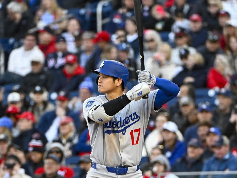 Apr 9, 2025; Washington, District of Columbia, USA; Los Angeles Dodgers two-way player Shohei Ohtani (17) at bat against the Washington Nationals during the ninth inning at Nationals Park. Mandatory Credit: Brad Mills-Imagn Images