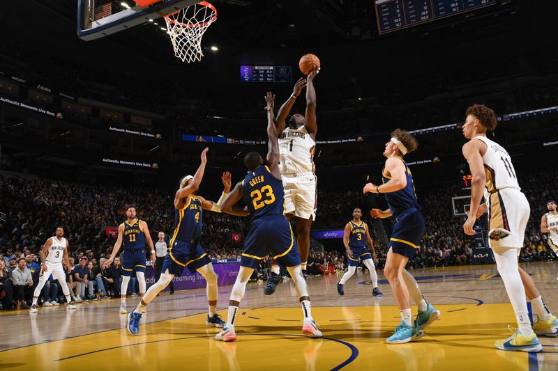 SAN FRANCISCO, CA - APRIL 12:  Zion Williamson #1 of the New Orleans Pelicans goes to the basket during the game on April 12, 2024 at Chase Center in San Francisco, California. NOTE TO USER: User expressly acknowledges and agrees that, by downloading and or using this photograph, user is consenting to the terms and conditions of Getty Images License Agreement. Mandatory Copyright Notice: Copyright 2024 NBAE (Photo by Noah Graham/NBAE via Getty Images)